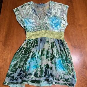 HaleBob Green Velvet Sheer Tunic Empire Waist Sleeveless Regular Size Small